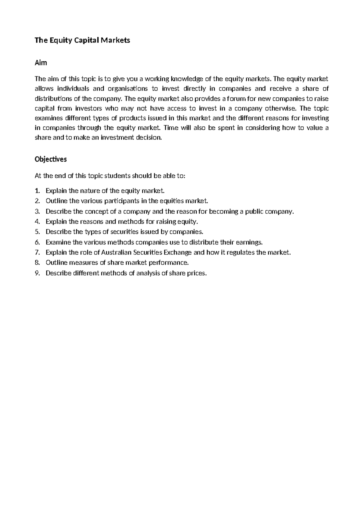 Equity Capital Markets Overview: Course Notes for FIN 101 - Studocu