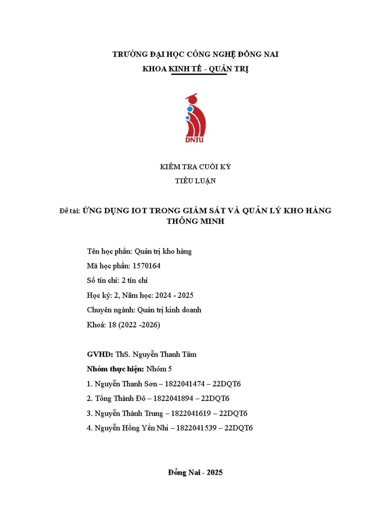 Tiểu luận: Ứng dụng IoT trong Giám sát và Quản lý Kho Hàng (Mã HP: 1570164) - Document Preview