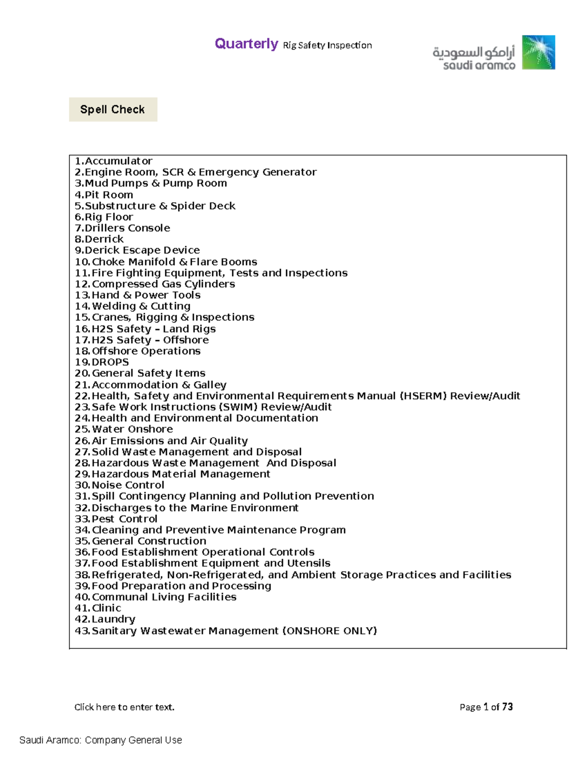 Quarterly Rig Safety Inspection Checklist (QSI) for Compliance - Studocu
