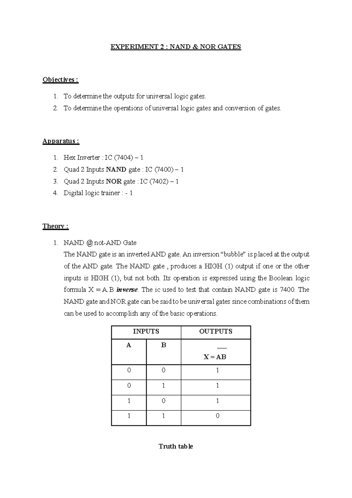 LAB Report PHY340: Experiment 2 - Analyzing NAND and NOR Gates - Studocu