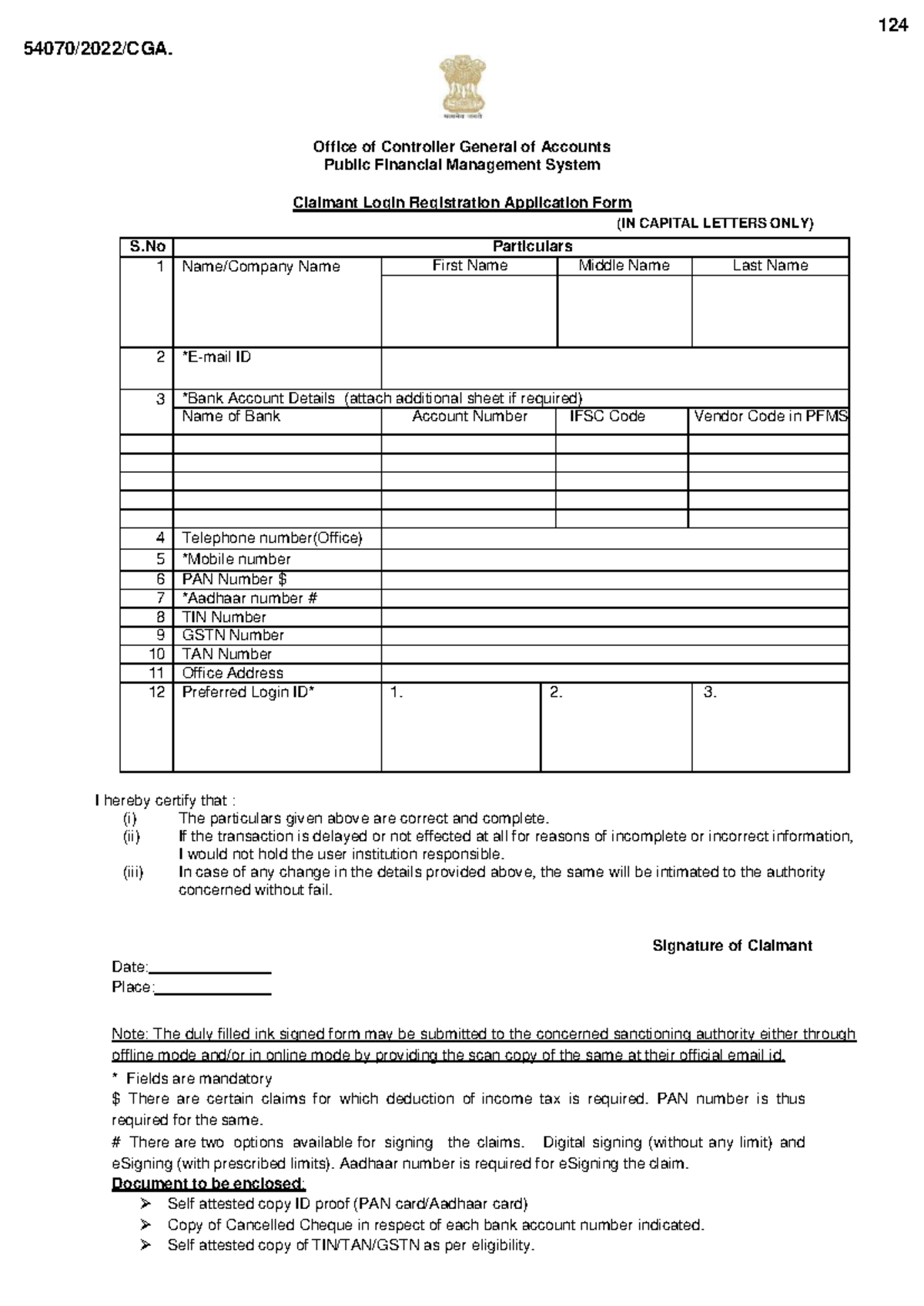 124 CGA Public Financial Management System Claimant Registration Form ...
