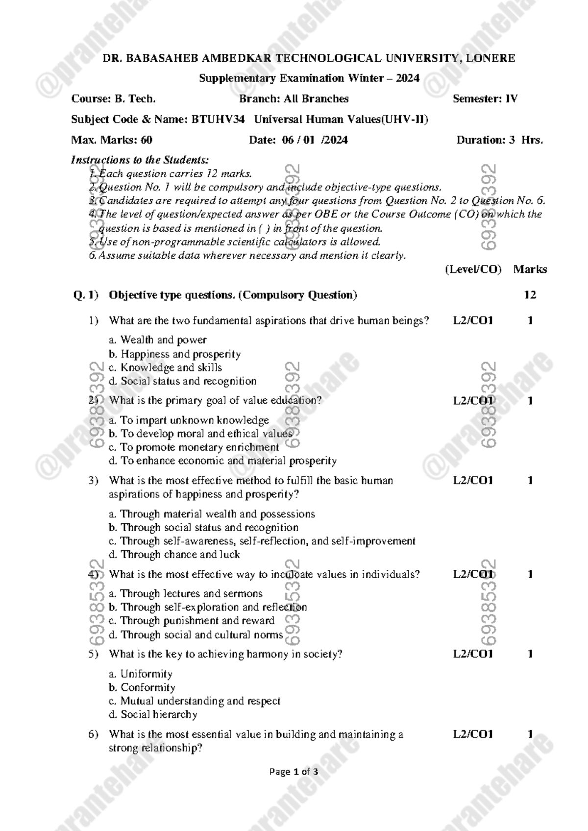 B. Tech. Semester IV Supplementary Exam: Universal Human Values-II ...