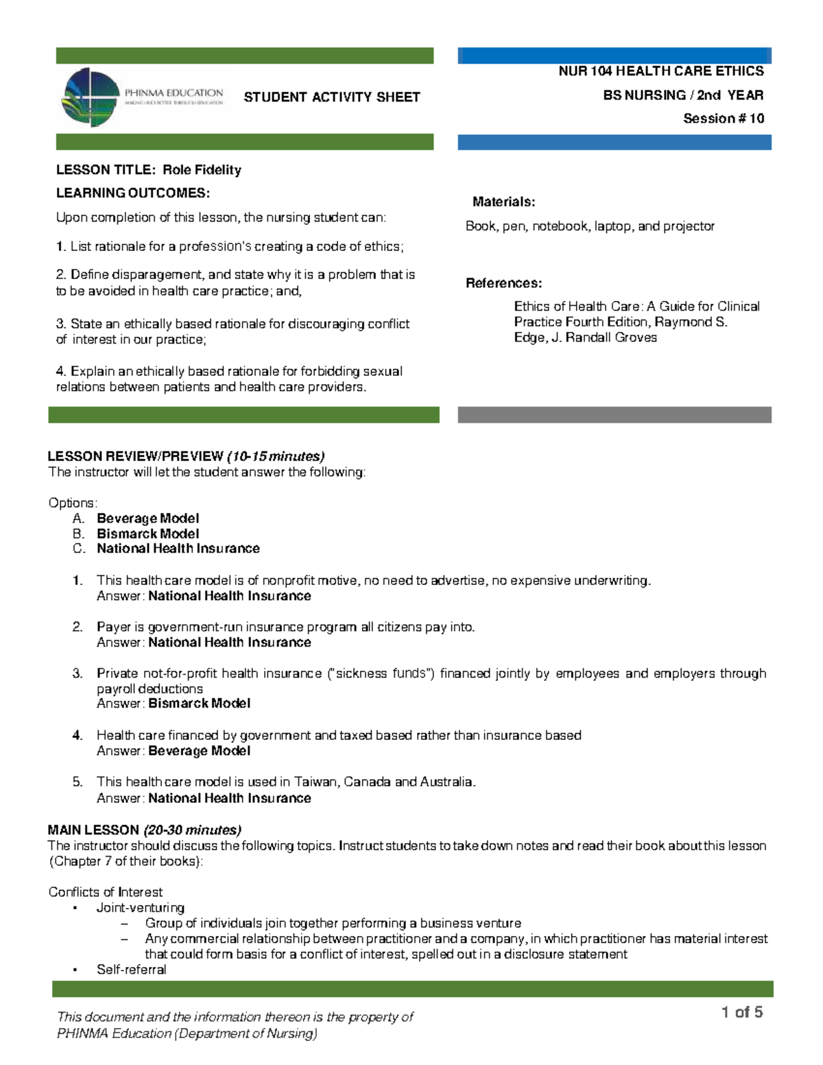 NUR 104 Health Care Ethics: Role Fidelity Lesson Activity Sheet - Studocu