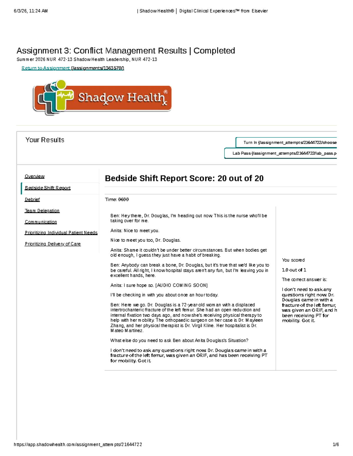 Shadow Health Leadership: Assignment 3 - Conflict Management Results ...