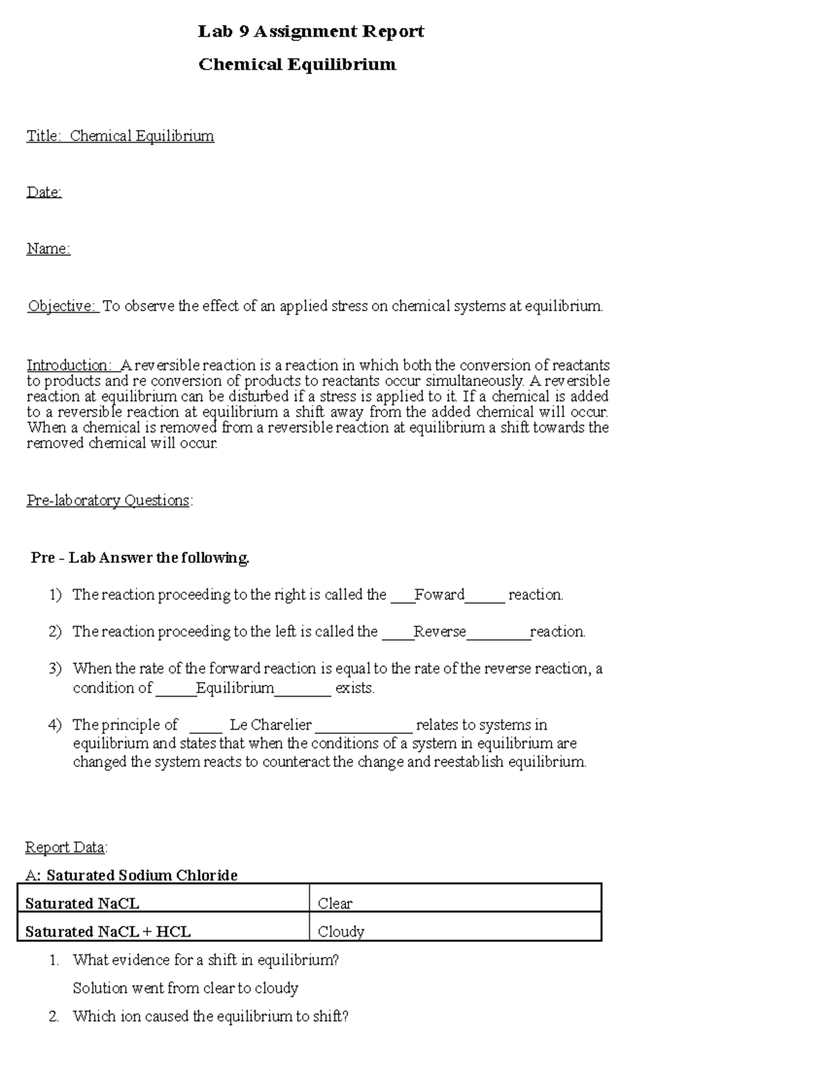 Lab 9 Assignment Report: Effects of Stress on Chemical Equilibrium ...
