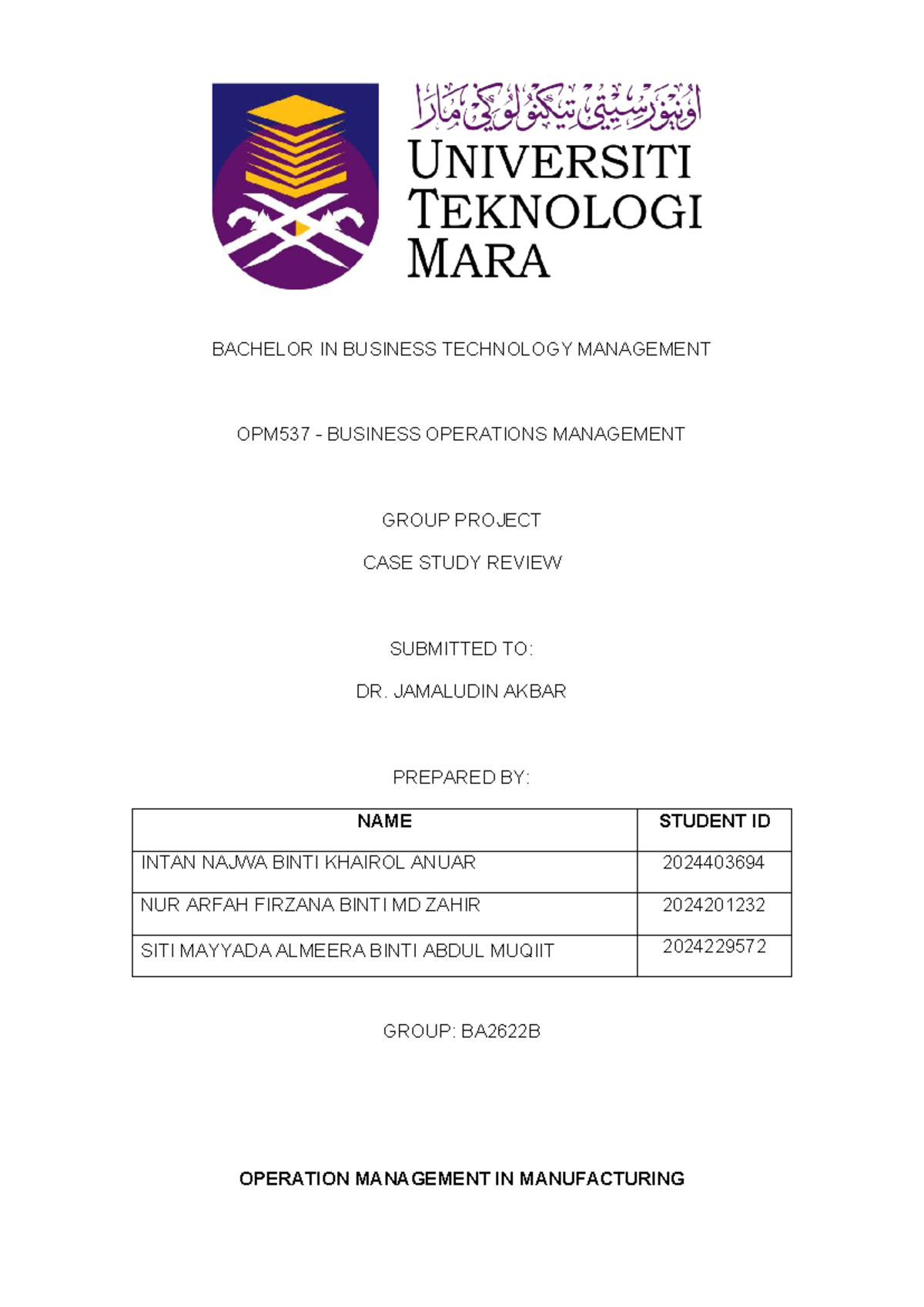 Group Project Case Study Review OPM537 - Business Operations Management ...
