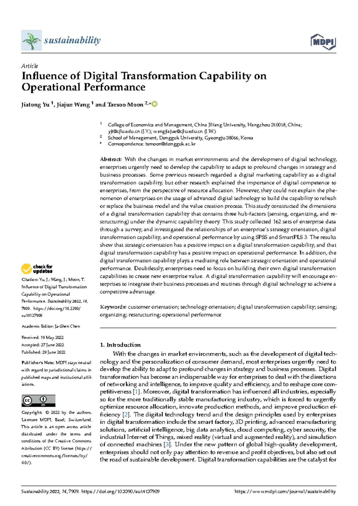 Sustainability 2022: Impact of Digital Transformation on Operational ...