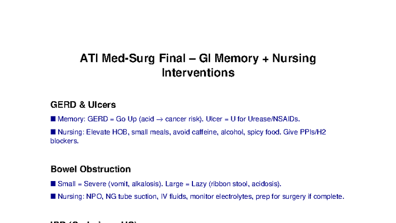 ATI Med Surg GI Memory Chart: Nursing Interventions for GERD & More ...