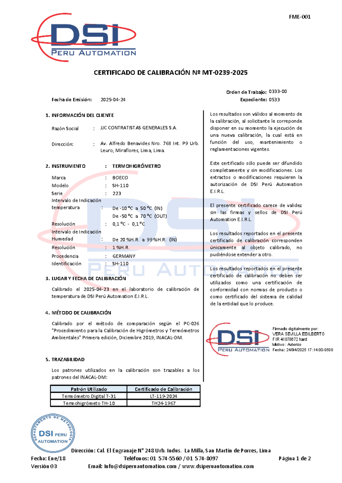 MT-0239-2025 (R) - Certificado de Calibración del Termohigrómetro - Document Preview