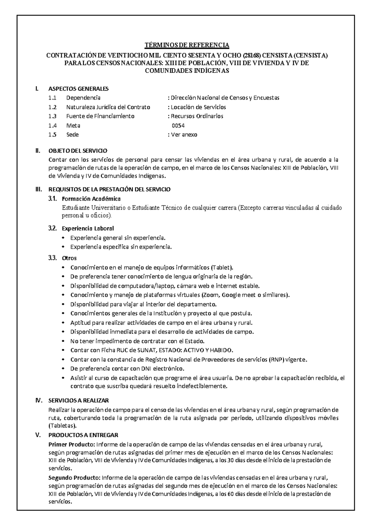 TDR para Contratación de Censistas (28168) - Censos Nacionales - Document Preview