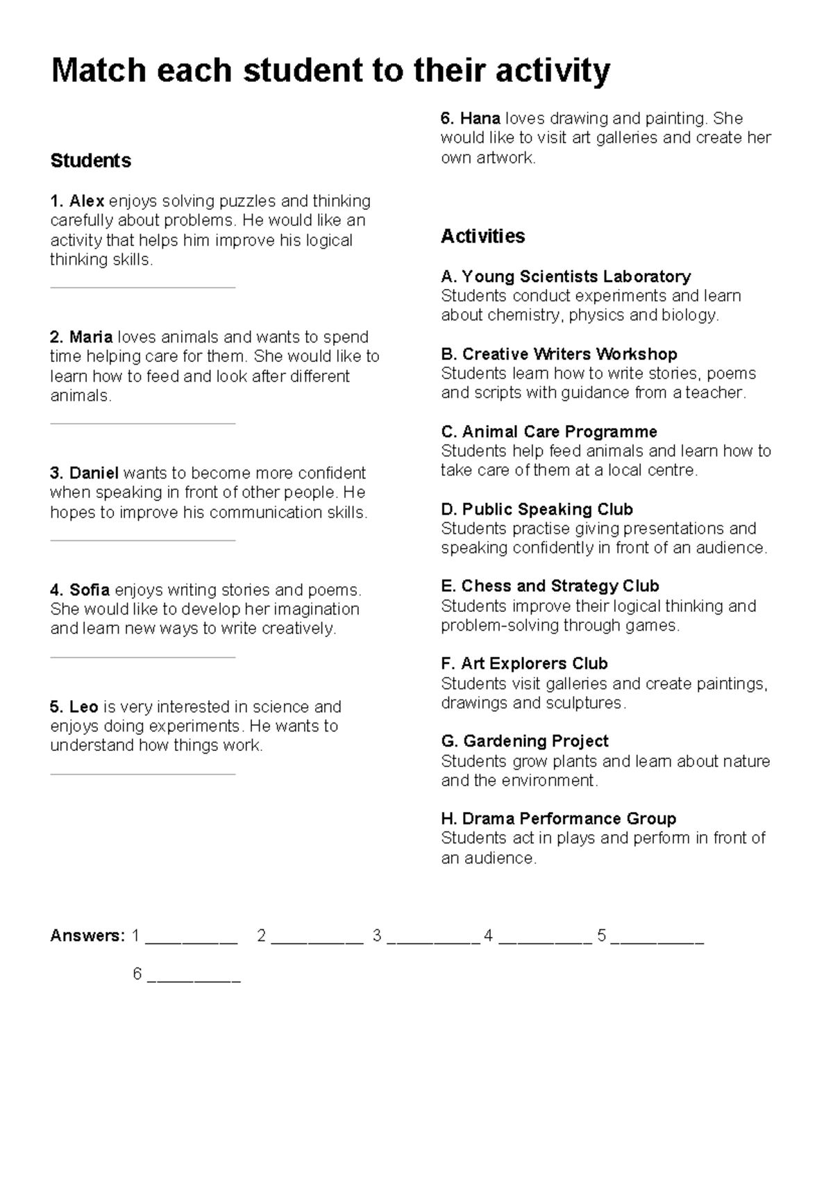 Student Activity Matching Guide: Creative Interests & Skills - Studocu