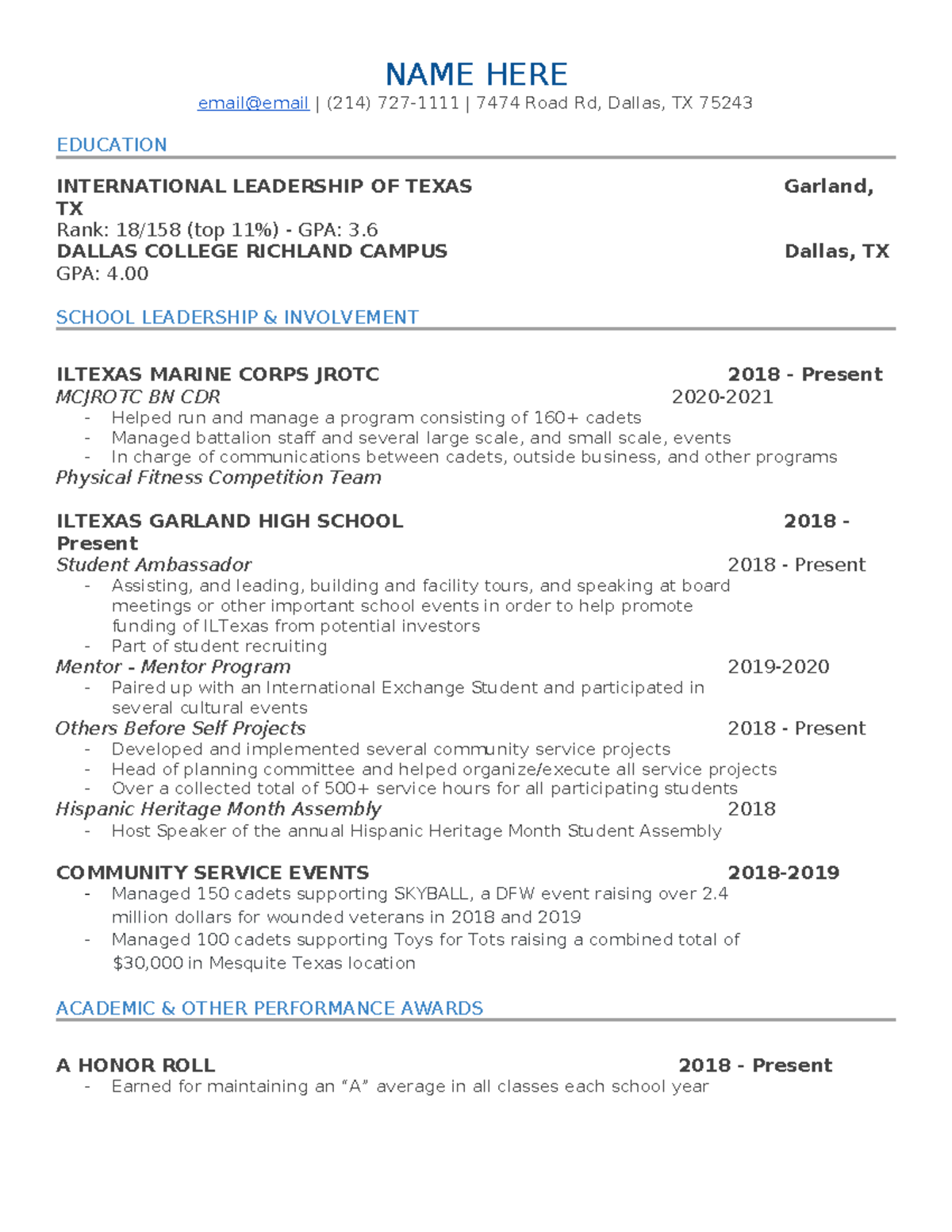 Student Resume Example: Leadership & Involvement at ILTexas - Studocu