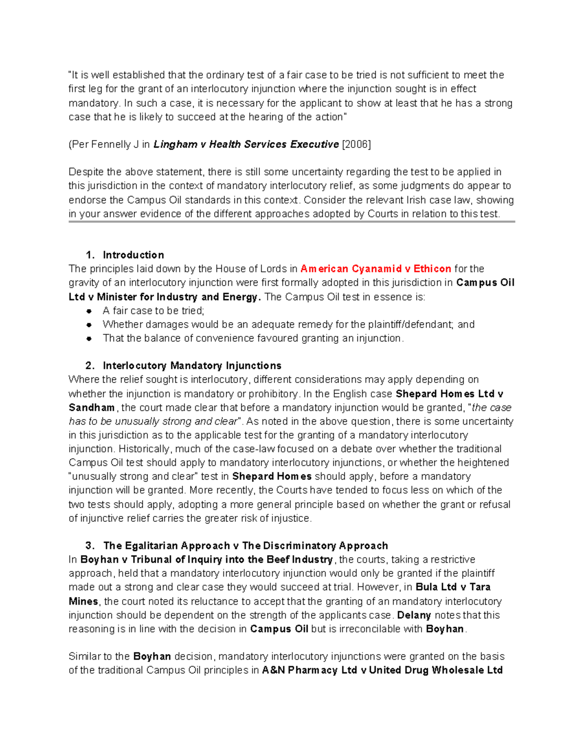 Mandatory Interlocutory Injunctions: Analyzing Irish Case Law - Studocu