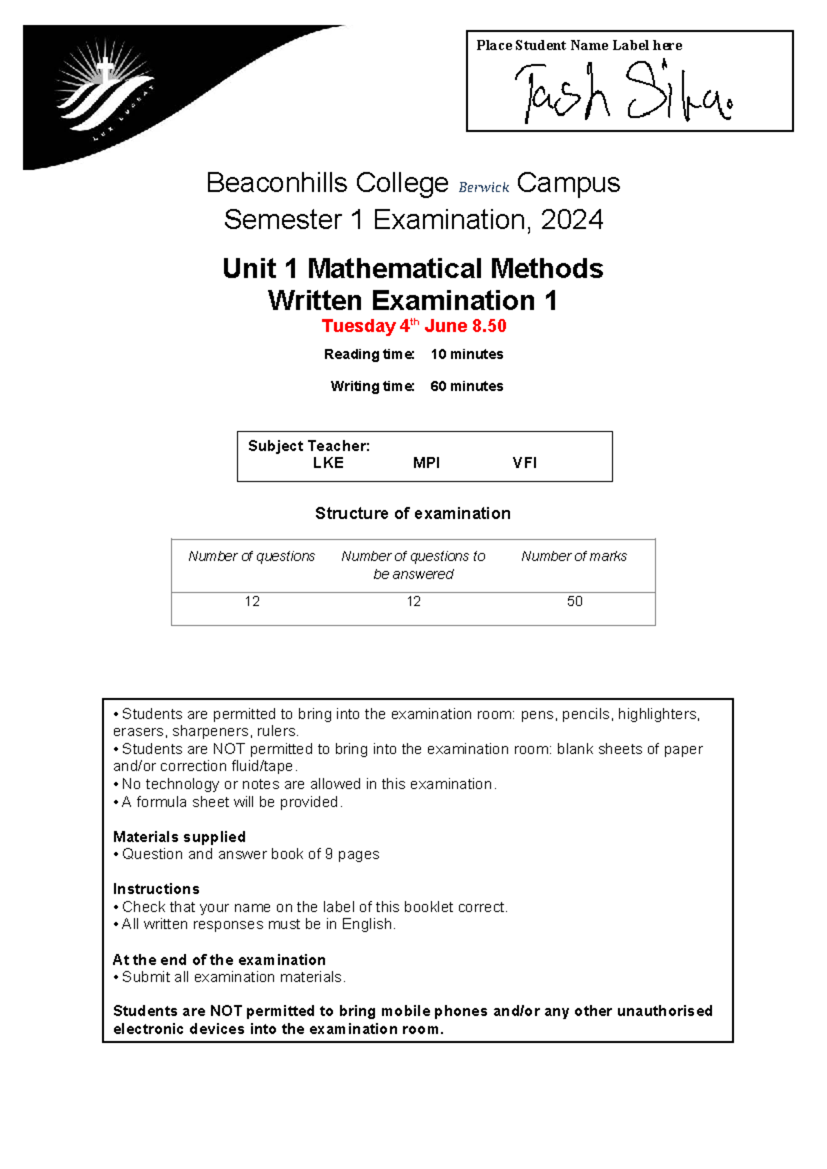 2024 MM Unit 1 Final Exam 1 - Mathematical Methods Overview - Studocu