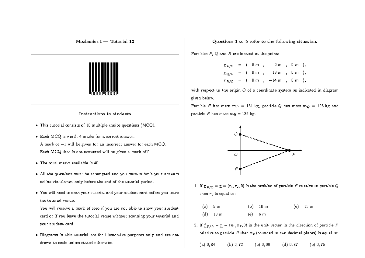Mechanics I Tutorial 12: MCQs on Particle Forces and Motion - Studocu