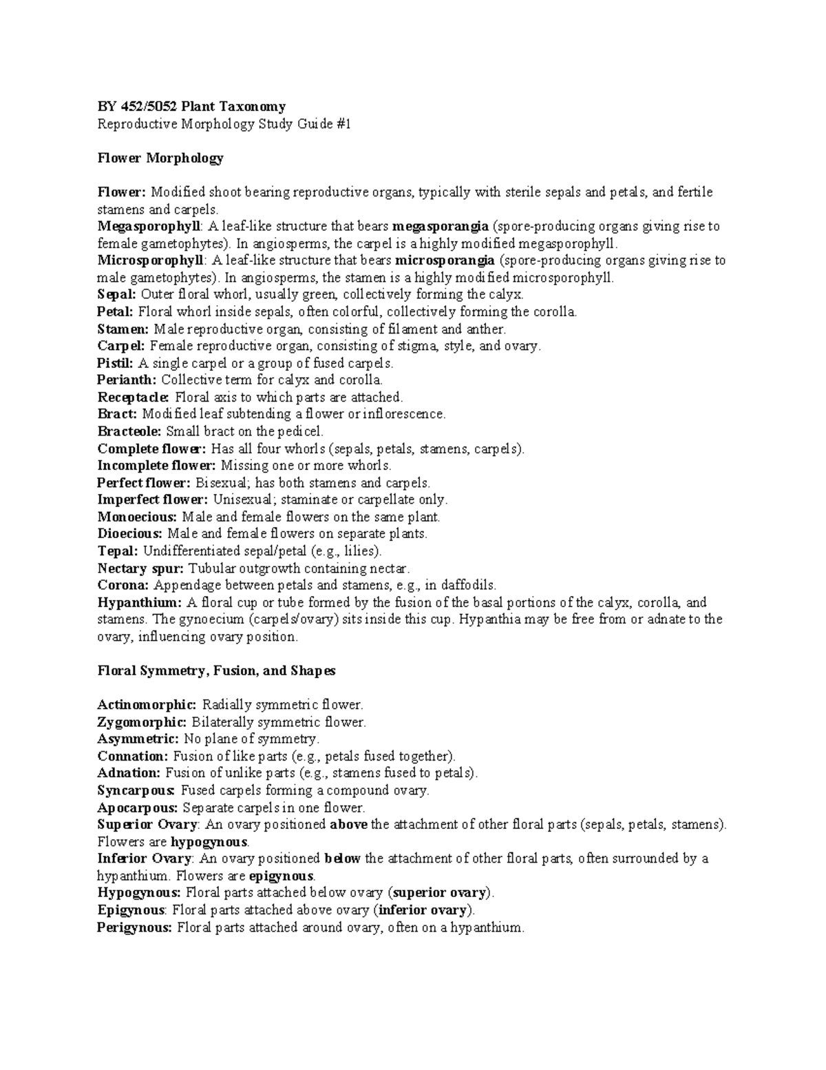 BY 452/5052 Plant Taxonomy: Reproductive Morphology Study Guide - Studocu
