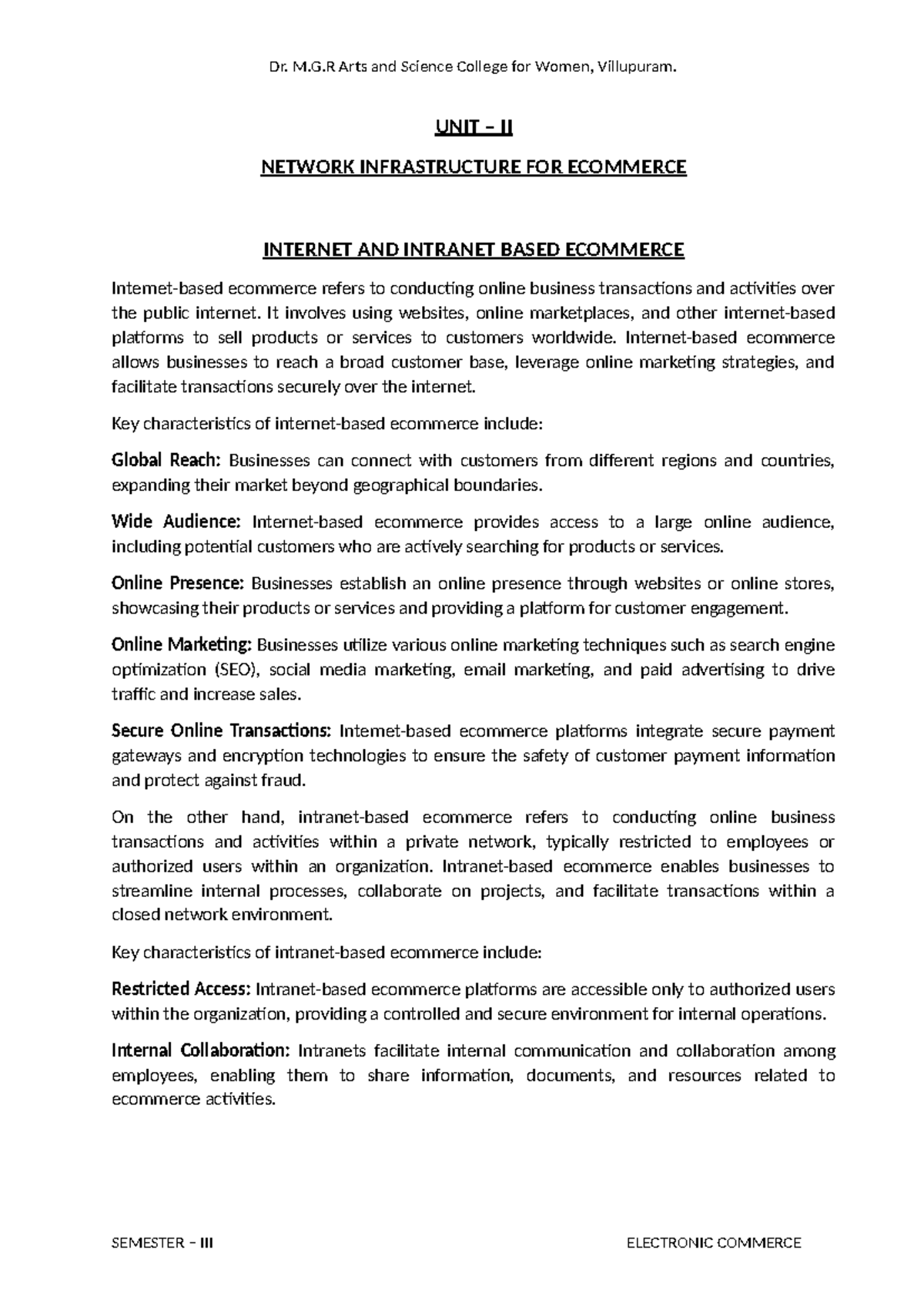 UNIT II: Network Infrastructure for E-Commerce (SEMESTER ELECTRONIC ...
