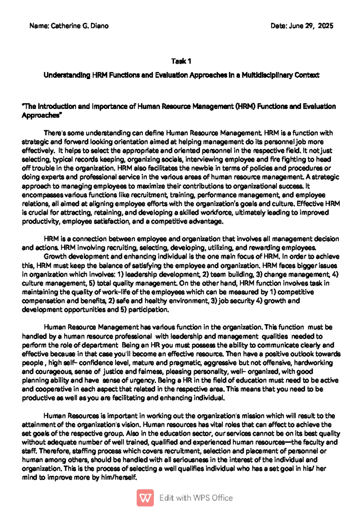 HRM 101 Task 1: Synthesis of HRM Functions & Evaluation Approaches ...