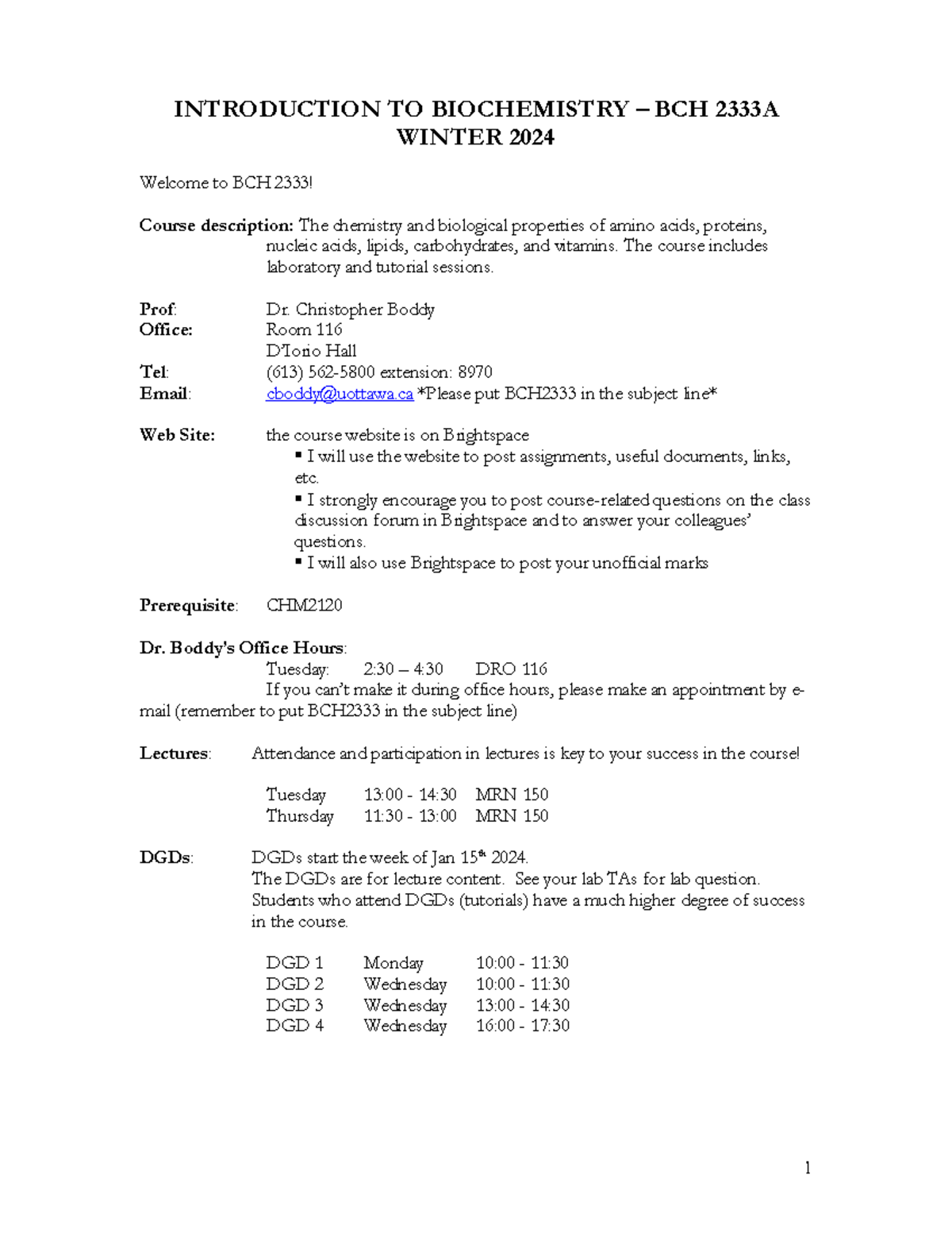 BCH2333 A Syllabus Winter 2024 - INTRODUCTION TO BIOCHEMISTRY – BCH ...