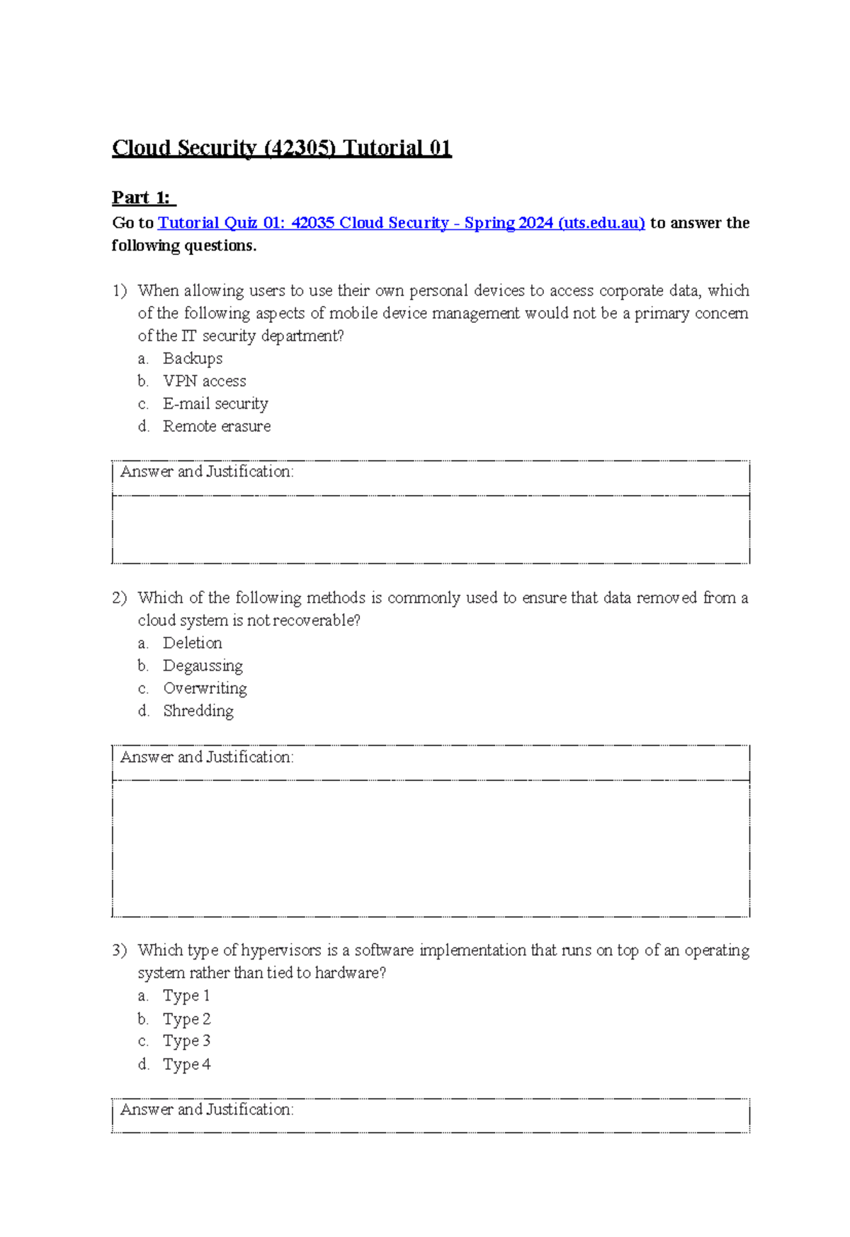 Cloud Security (42305) Tutorial 01: Quiz & IAM Lab Overview - Studocu