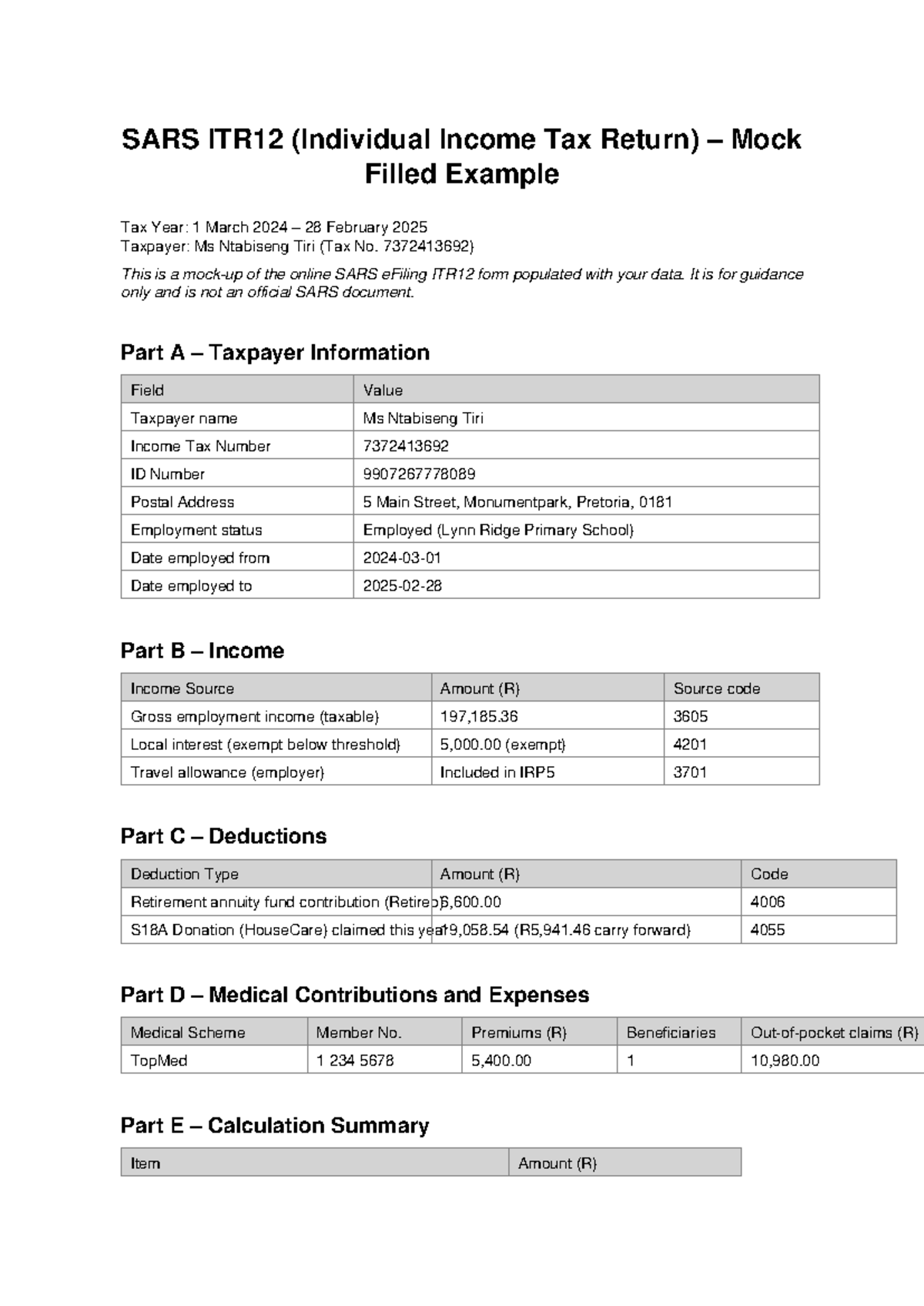 SARS ITR12 Mock Filled Example for Ms Ntabiseng Tiri (2025) - Studocu