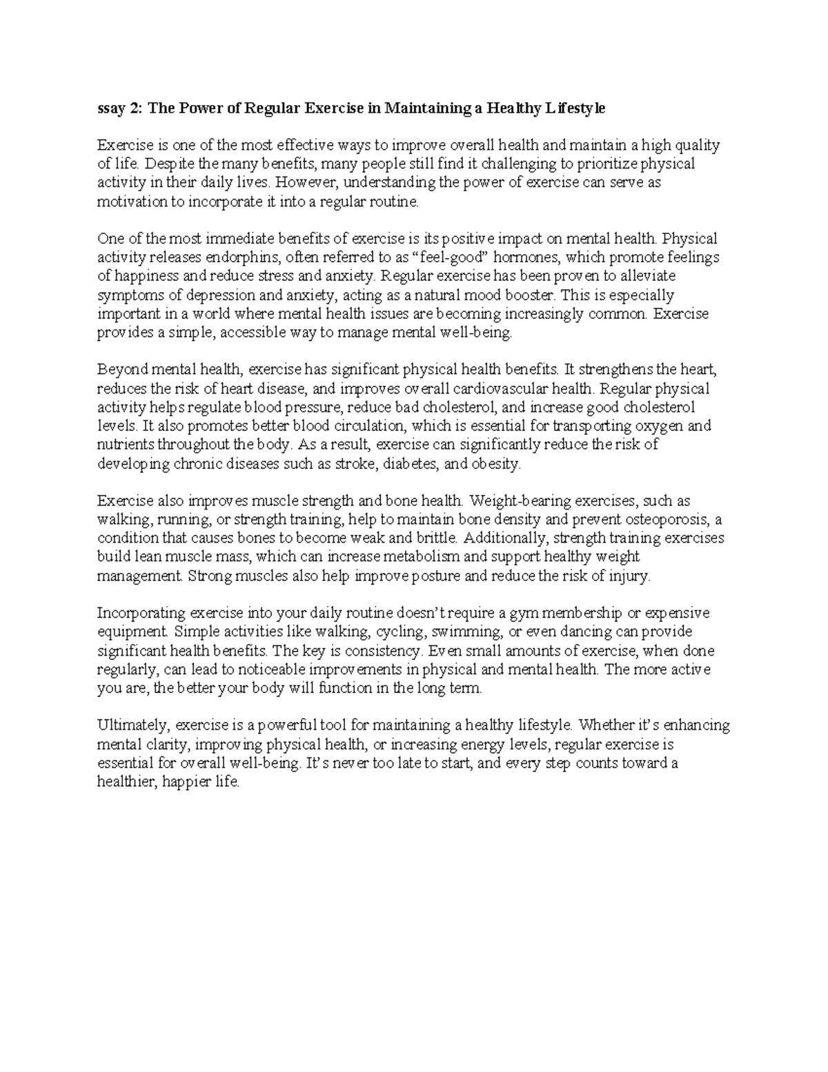 Essay 2: The Impact of Regular Exercise on Health and Well-being - Studocu