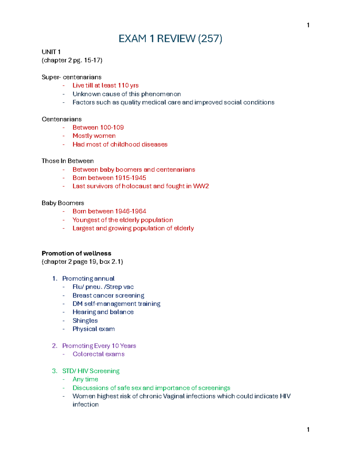 EXAM 1 Review Notes for HSCI 257: Aging and Wellness Concepts - Studocu