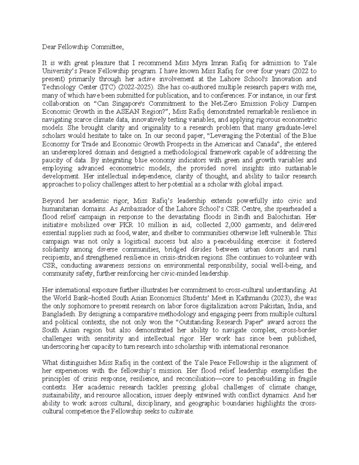 Yale Peace Fellowship Recommendation for Myra Rafiq - Lecture Notes ...