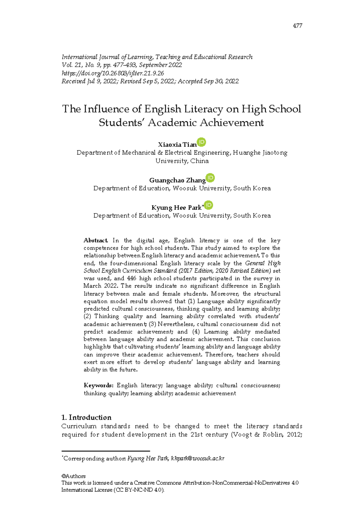 477 The Impact of English Literacy on High School Academic Success ...