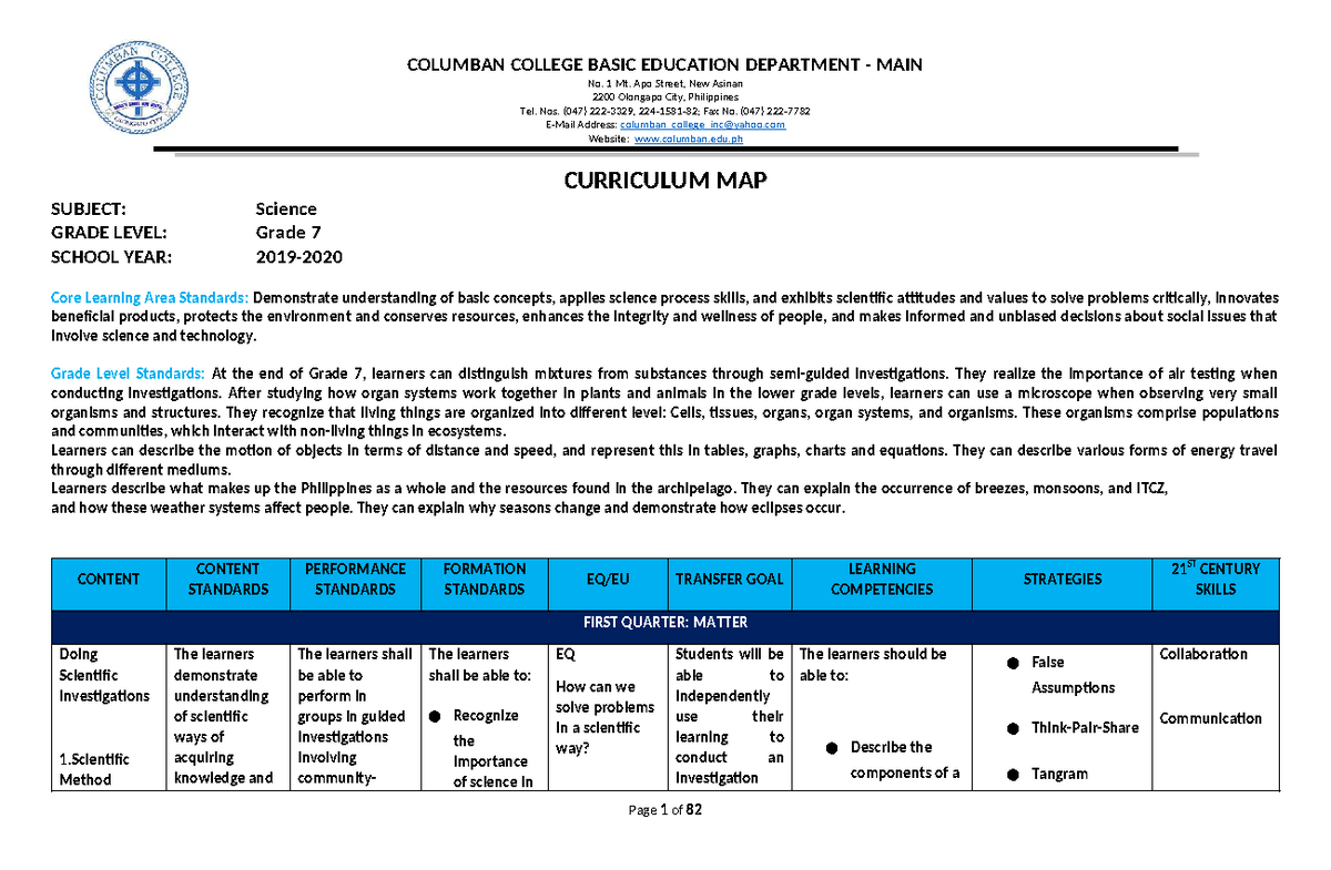 CMAP Grade 7 Science Curriculum Map: Learning Materials Overview - Studocu