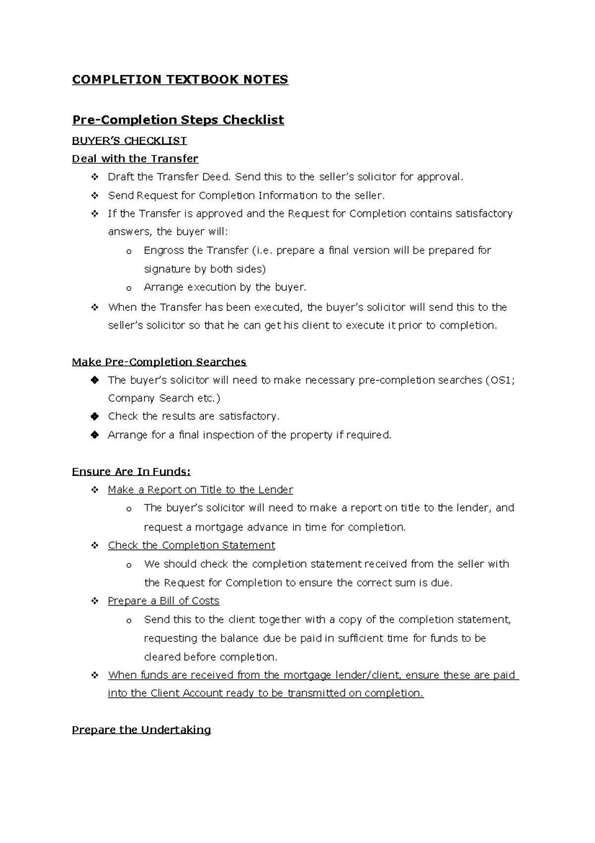Completion Checklist Notes for Property Transactions - Studocu