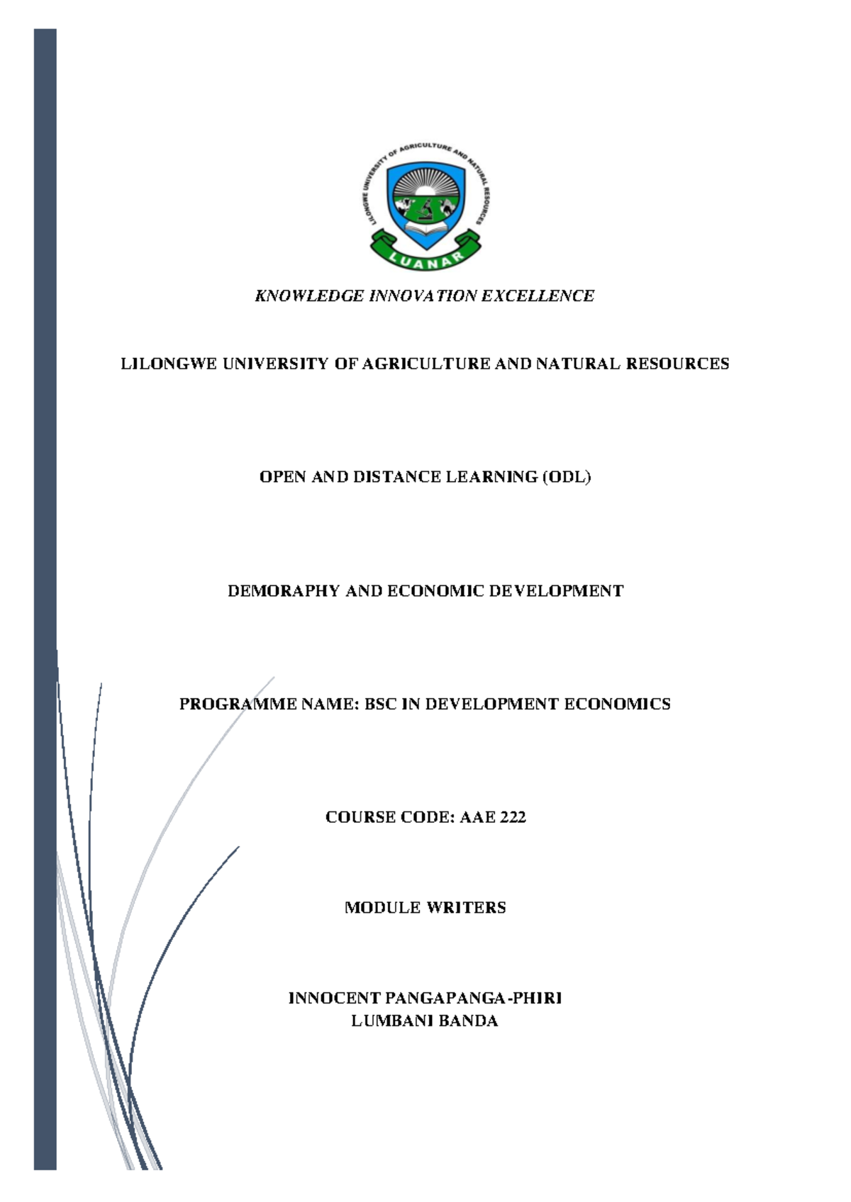 Demography Module V 2 - KNOWLEDGE INNOVATION EXCELLENCE LILONGWE ...
