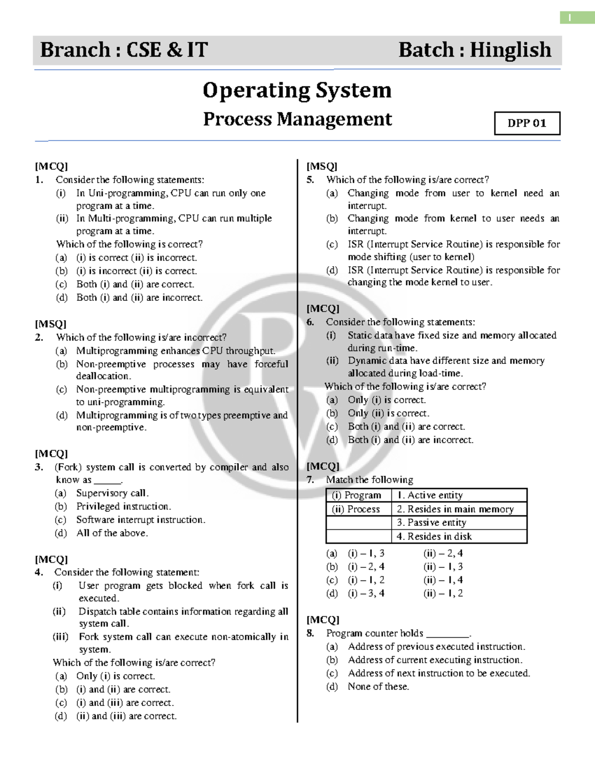 CSE IT Process Management DPP 01: Key Concepts and Questions - Studocu