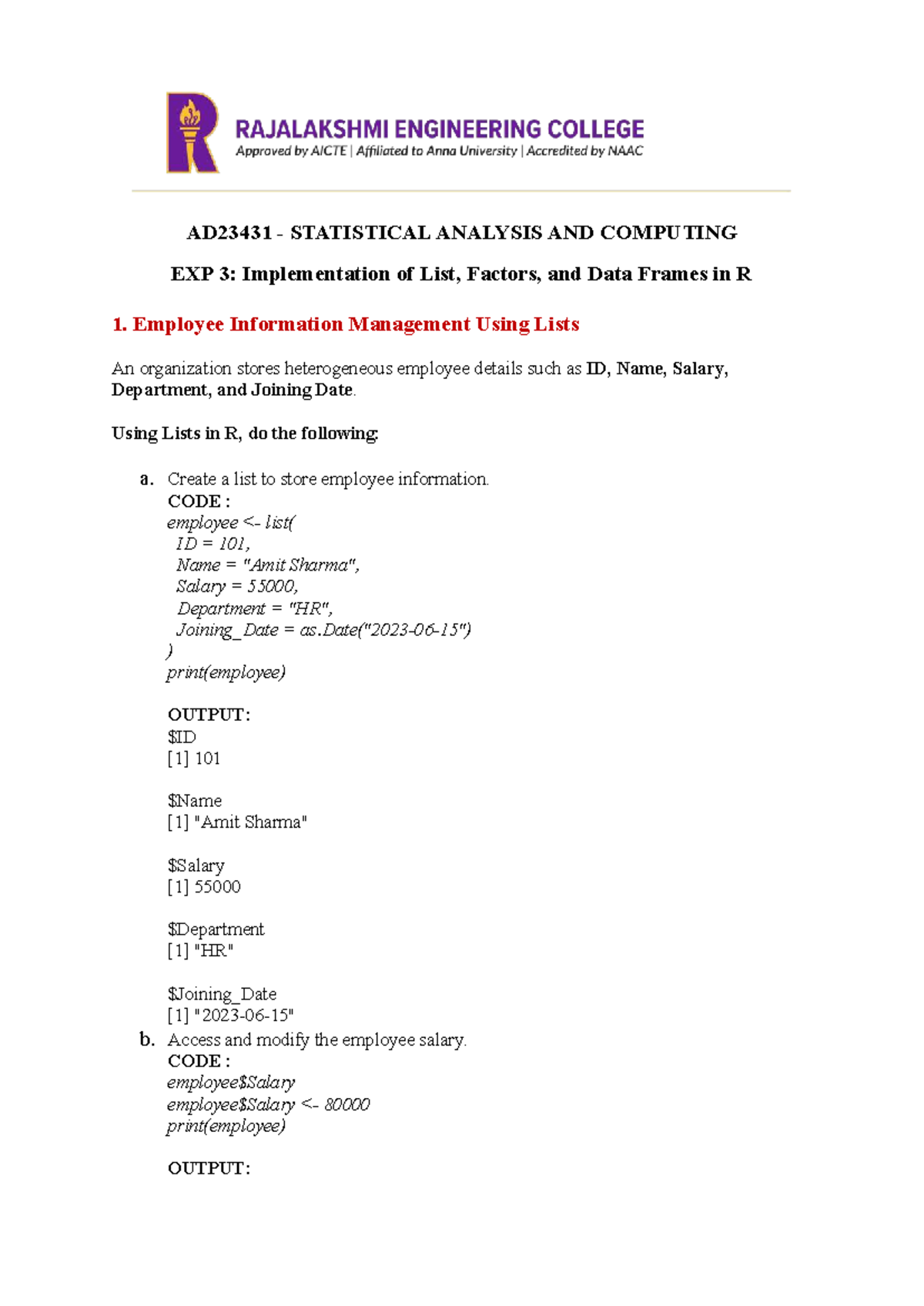 AD23431 STATISTICAL ANALYSIS EXP 3: R Lists & Factors Implementation ...