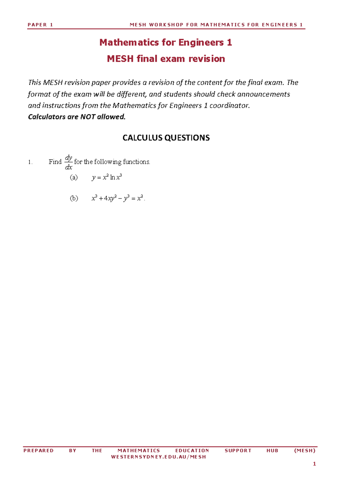 MESH MA Mathematics for Engineers 1 Final Exam Revision Paper 1 - Studocu