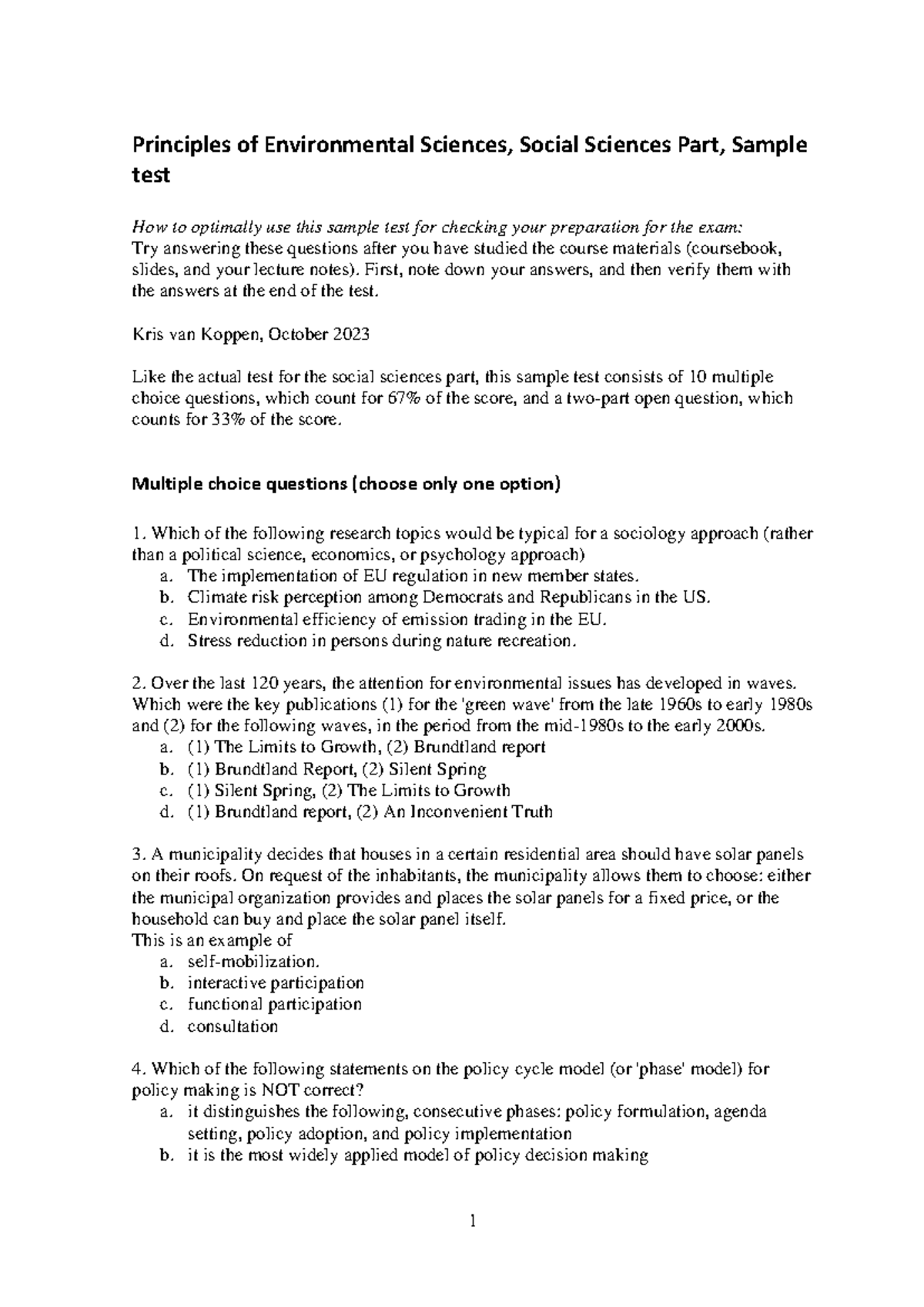 Sample Test - Social Sciences (Part) for Environmental Sciences ...