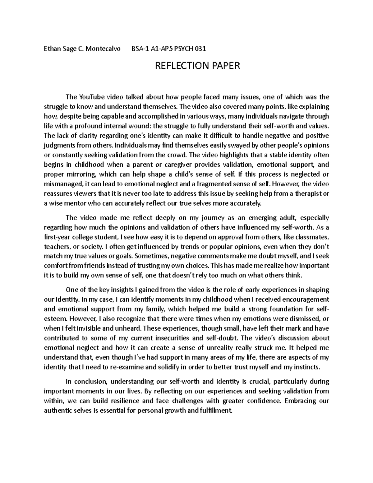 Reflection Paper on Identity and Self-Understanding in PSYCH 031 - Studocu