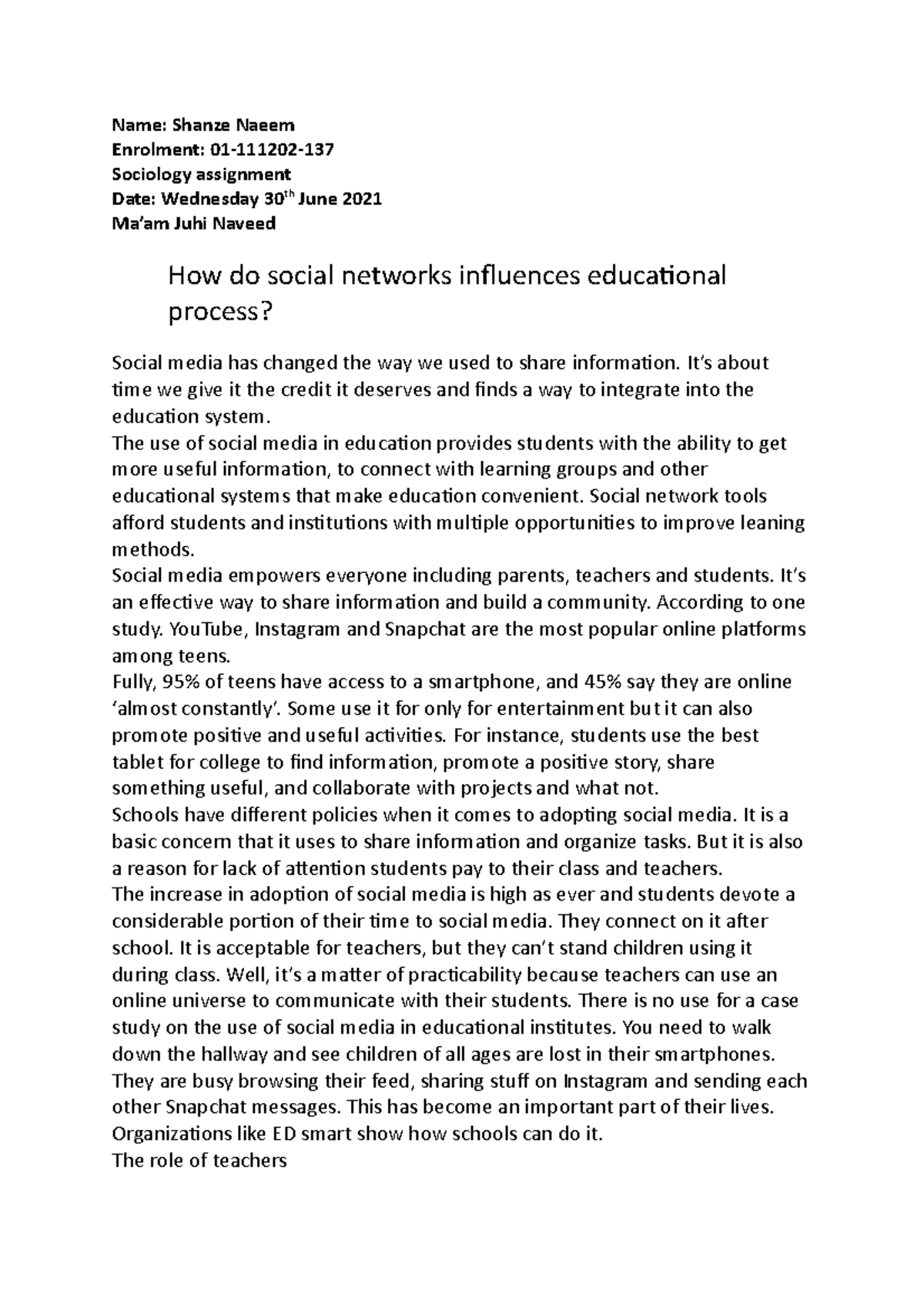 SOCI 101 - The Impact of Social Media on Education Systems - Studocu