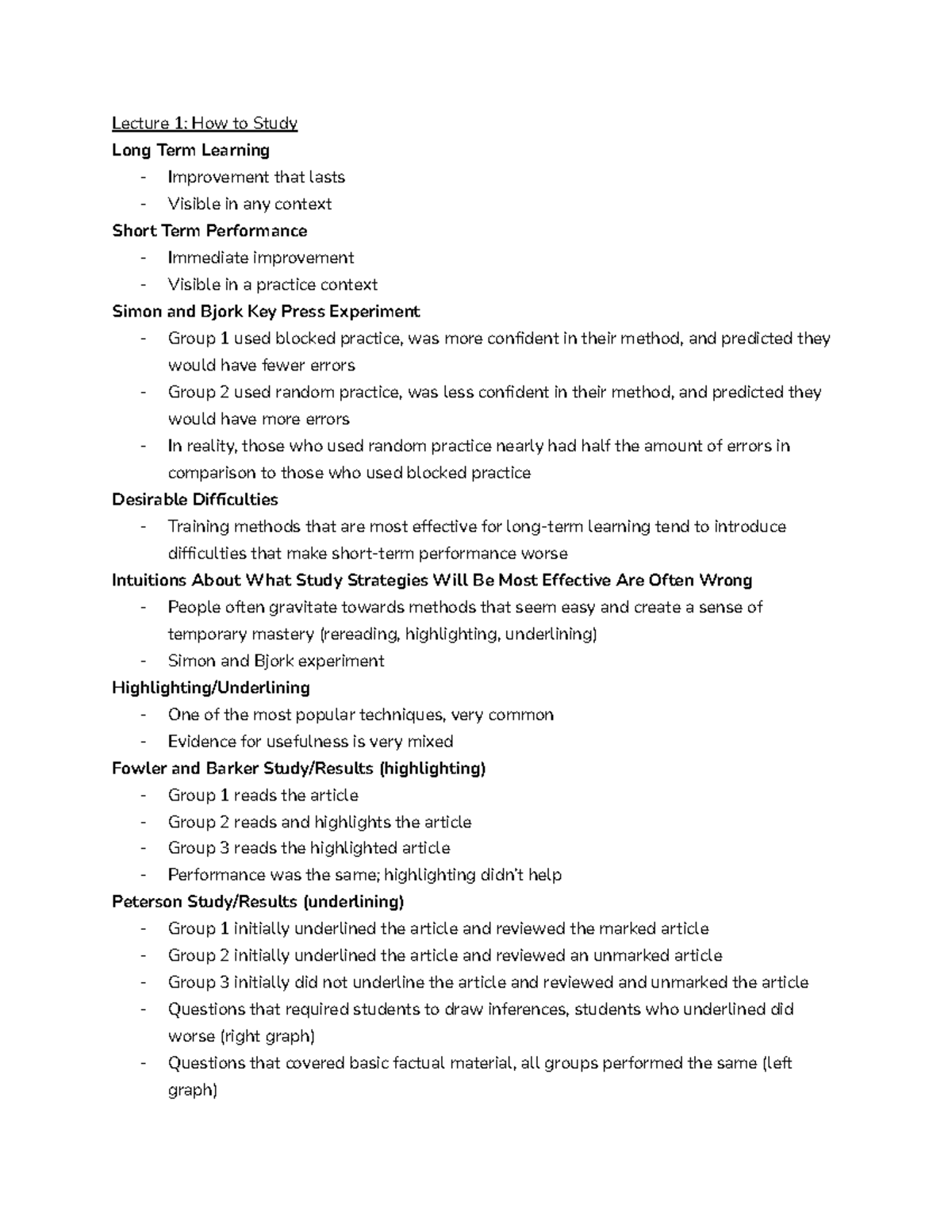 Exam 1 Review Sheet: Long Term Learning Strategies and Perception ...