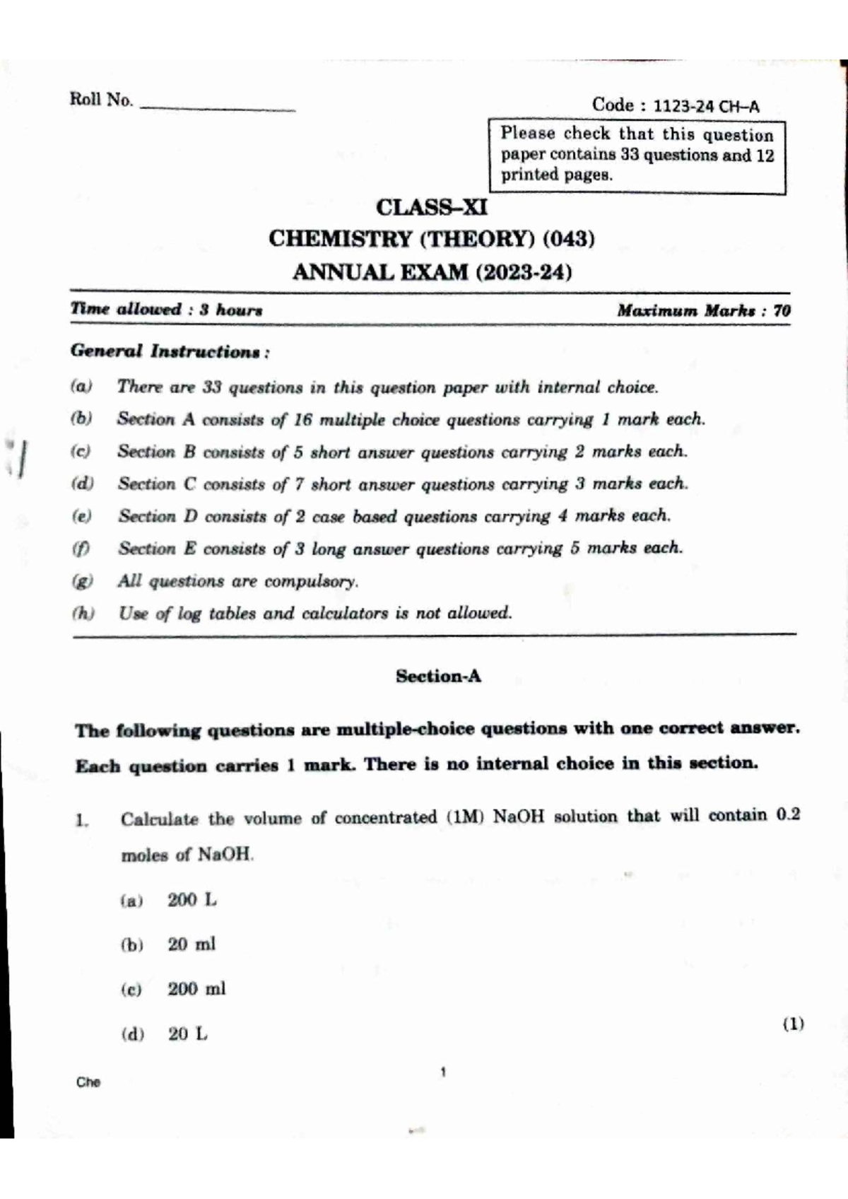 Chemistry (043) Annual Exam Question Paper - 33 Questions - Studocu