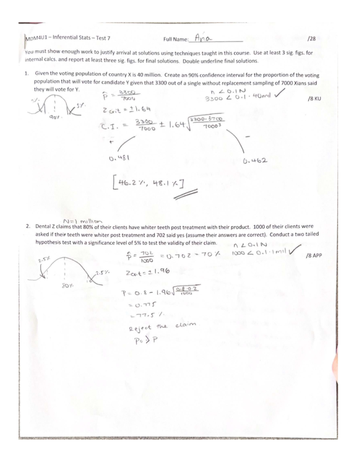 MDM4U1 Inferential Stats Test 7 Notes and Solutions - Studocu