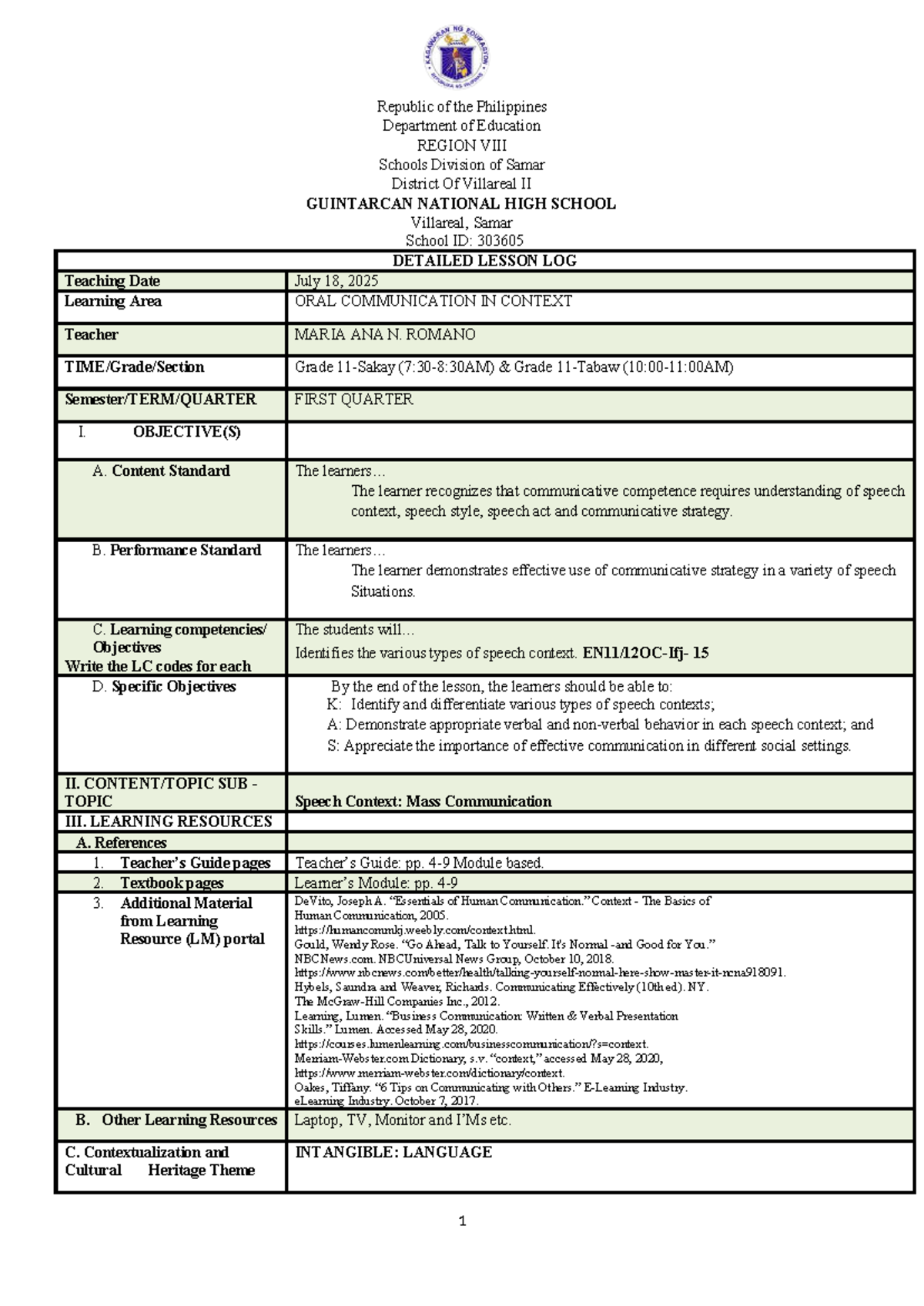 ORAL COMMUNICATION DETAILED LESSON PLAN (DLP) - 5th Week - Studocu