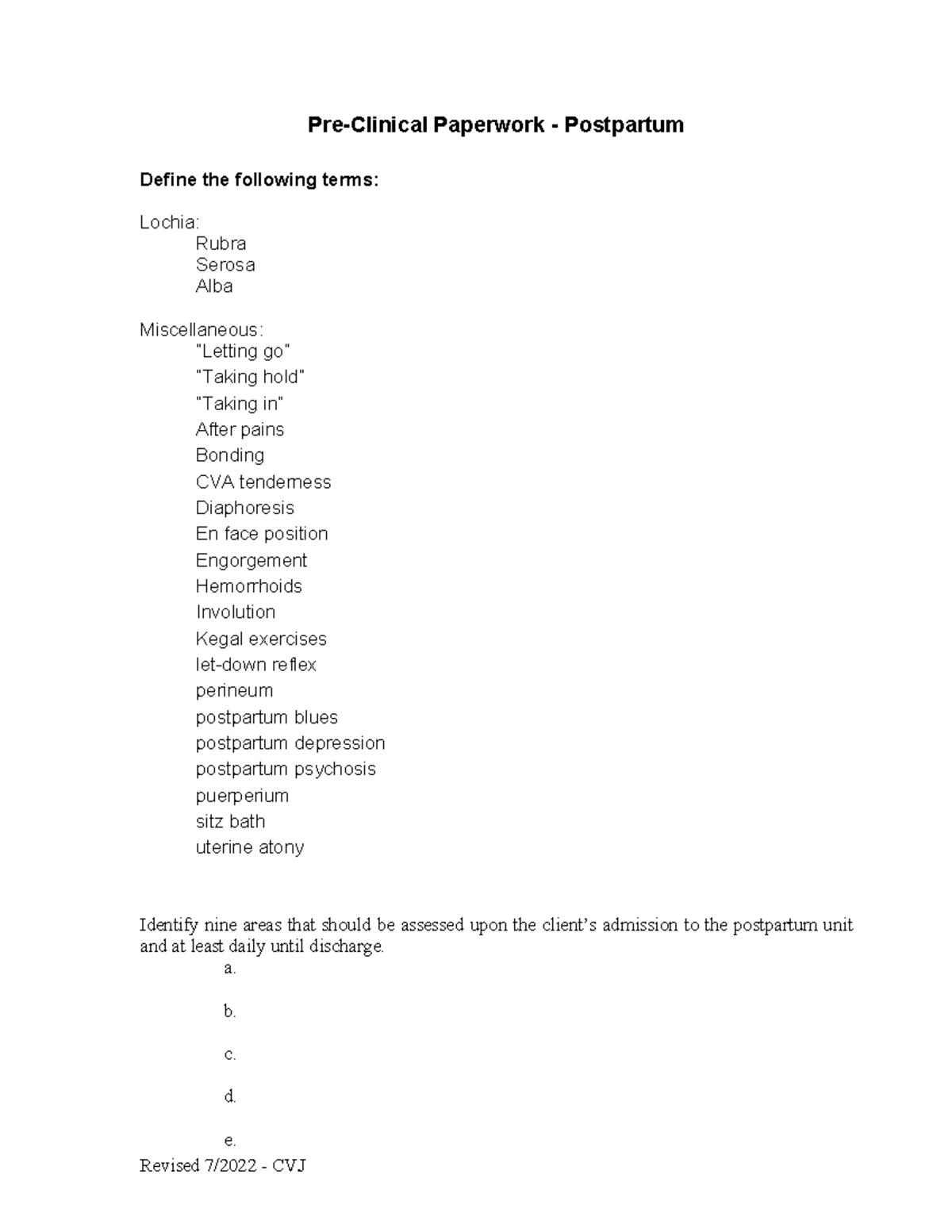 Final Pre-Clinical Paperwork: Postpartum Assessment & Nursing ...