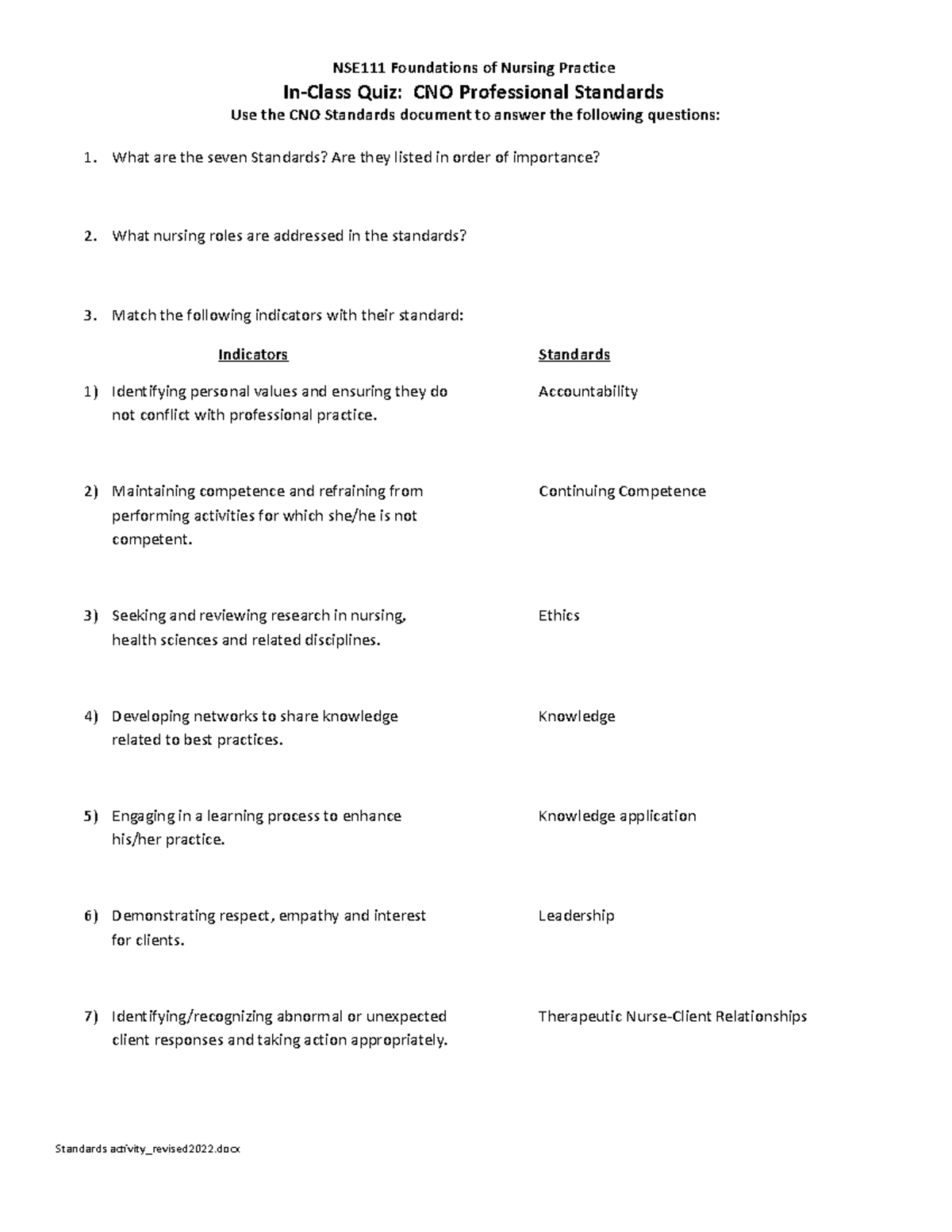 CNO Standards Activity Quiz - Student Version - NSE111 Foundations of ...