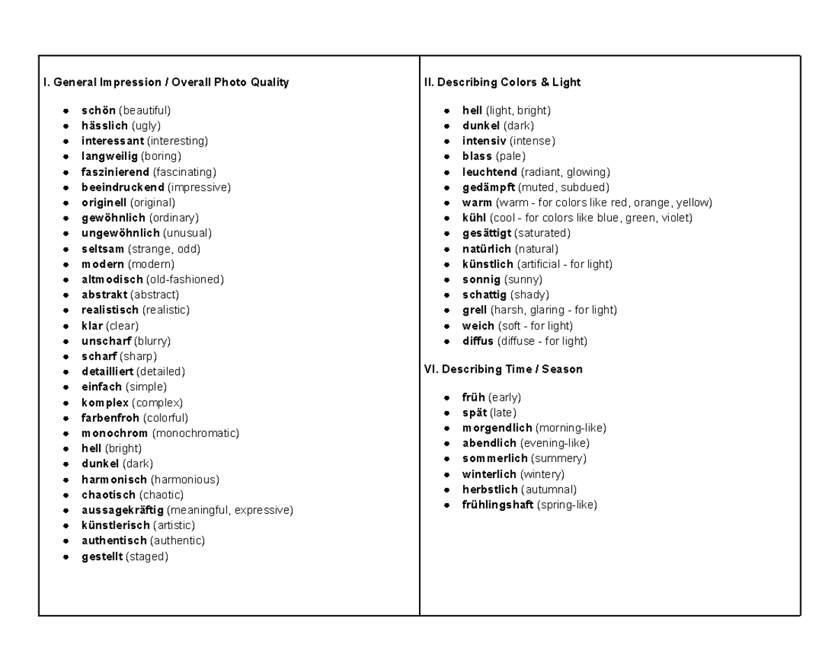 Wordlist for Bild beschreiben (I. General Impression / Overall Photo ...
