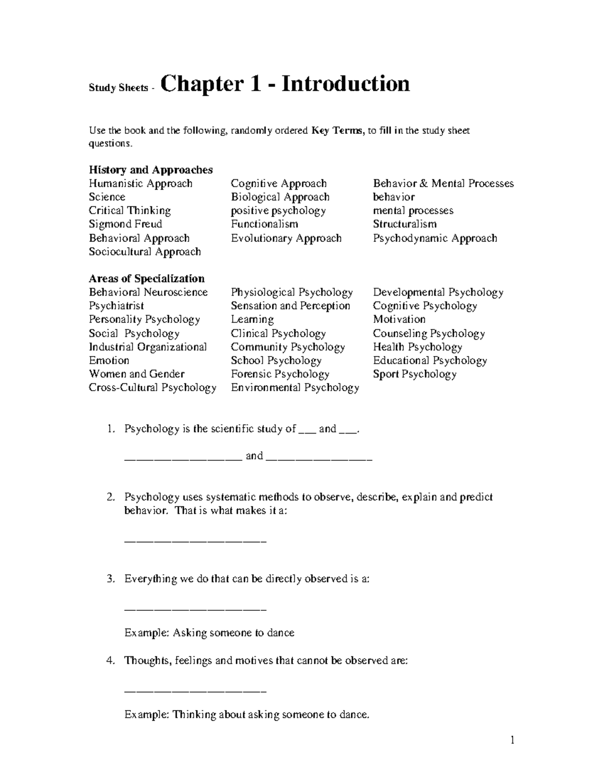 Chapter 1 Study Guide - Key Terms & Specializations in Psychology - Studocu