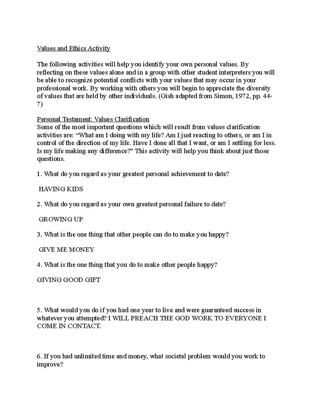Values and Ethics Activity - By reflecting on these values alone and in ...