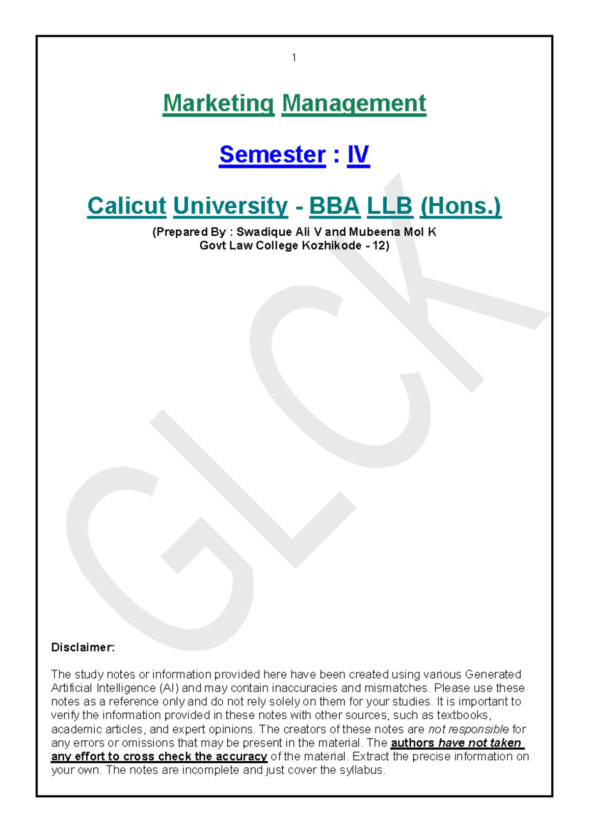 Marketing Management Study Notes - 4th Sem - Swadique & Mubeena - Studocu