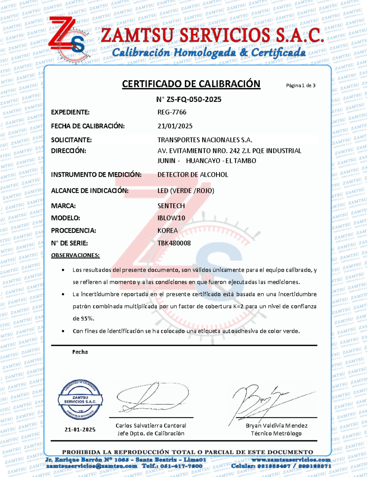 Certificado de Calibración Alcoholímetro N° ZS-FQ-050-2025 - Document Preview