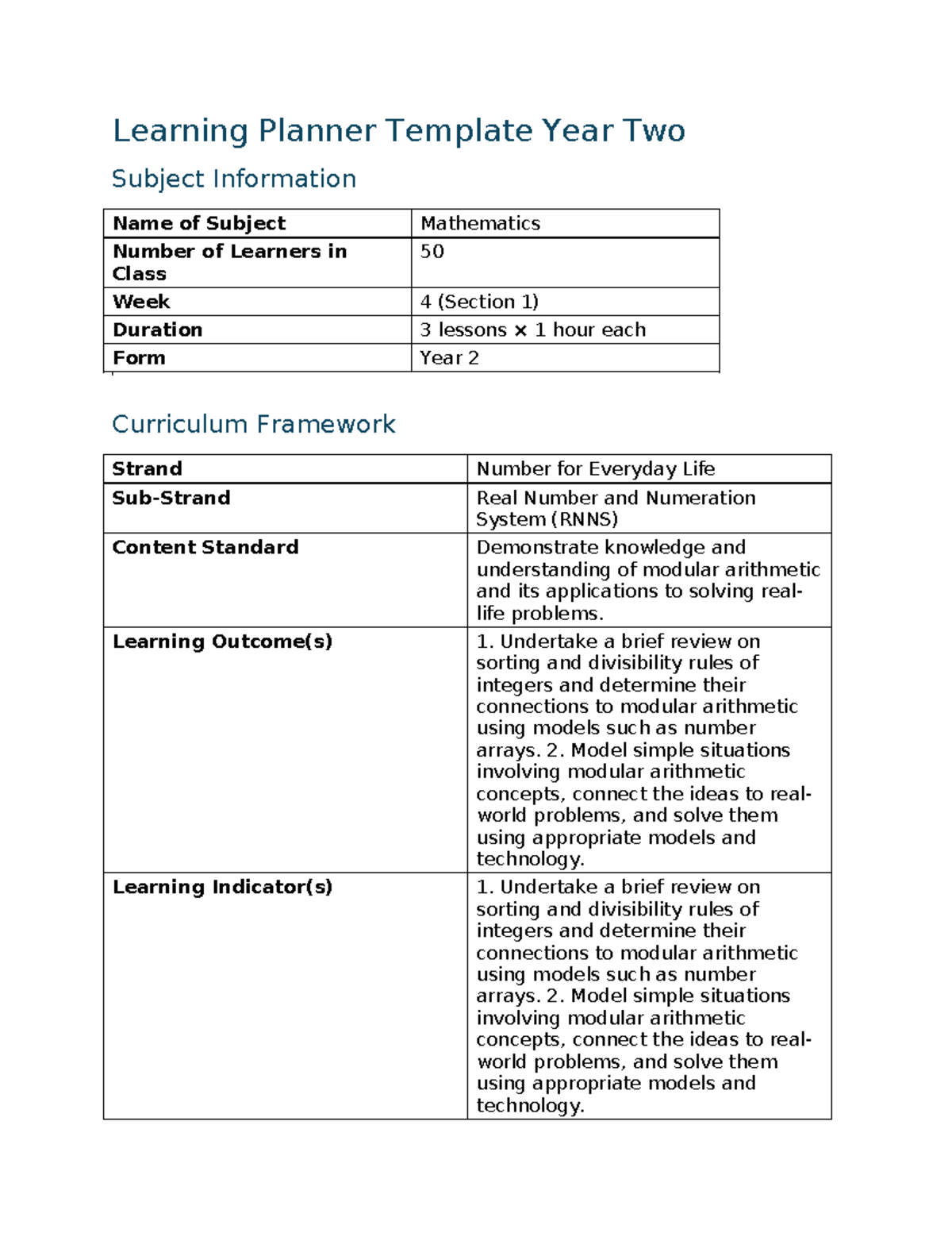 Week 4 Lesson Planner: Modular Arithmetic for Year 2 Math - Studocu